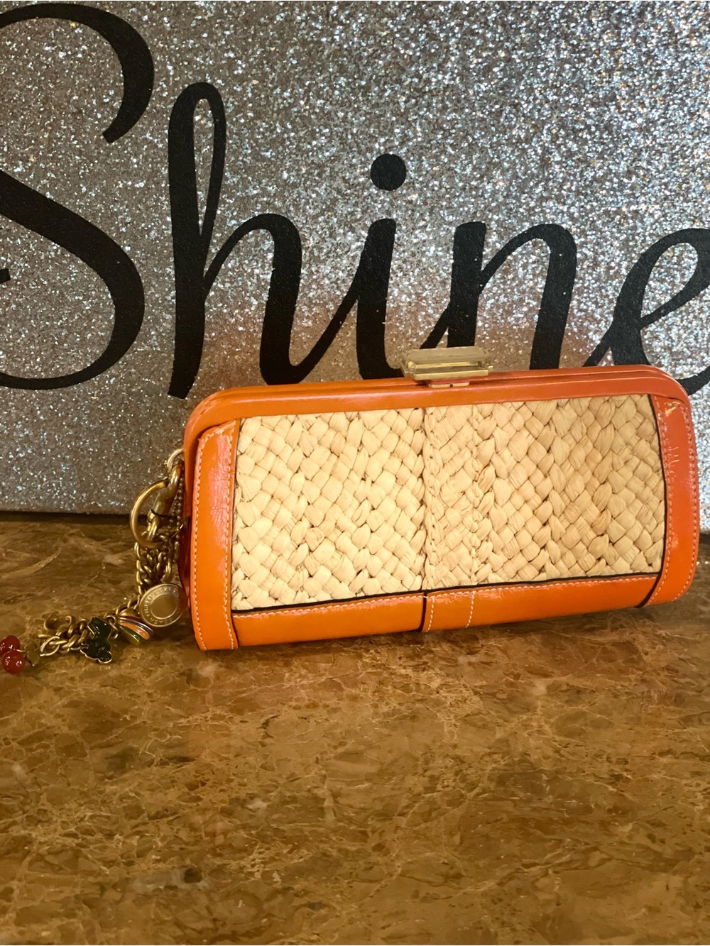 COACH Vintage Orange Straw Leather Minaudière Clutch WITH Motif Chain Bag Charm - Picture 7 of 17